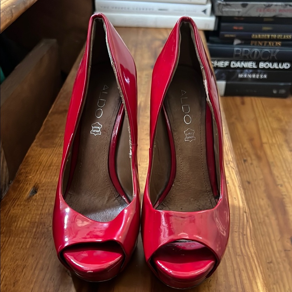 Aldo Red Stiletto Heels Peep Toe Pumps